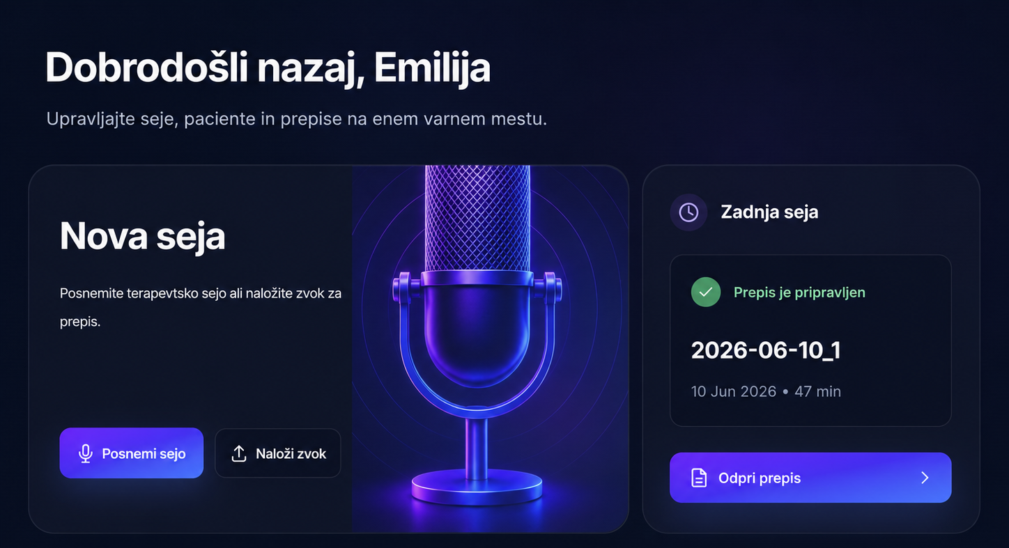 Posnetek zaslona aplikacije Prepis.si z novo seanso, zadnjo sejo in nedavnimi pacienti.